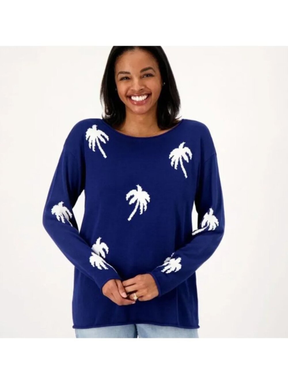 Belle Beach by Kim Gravel Palms Sweater sz 1X Knit Navy Blue A587943